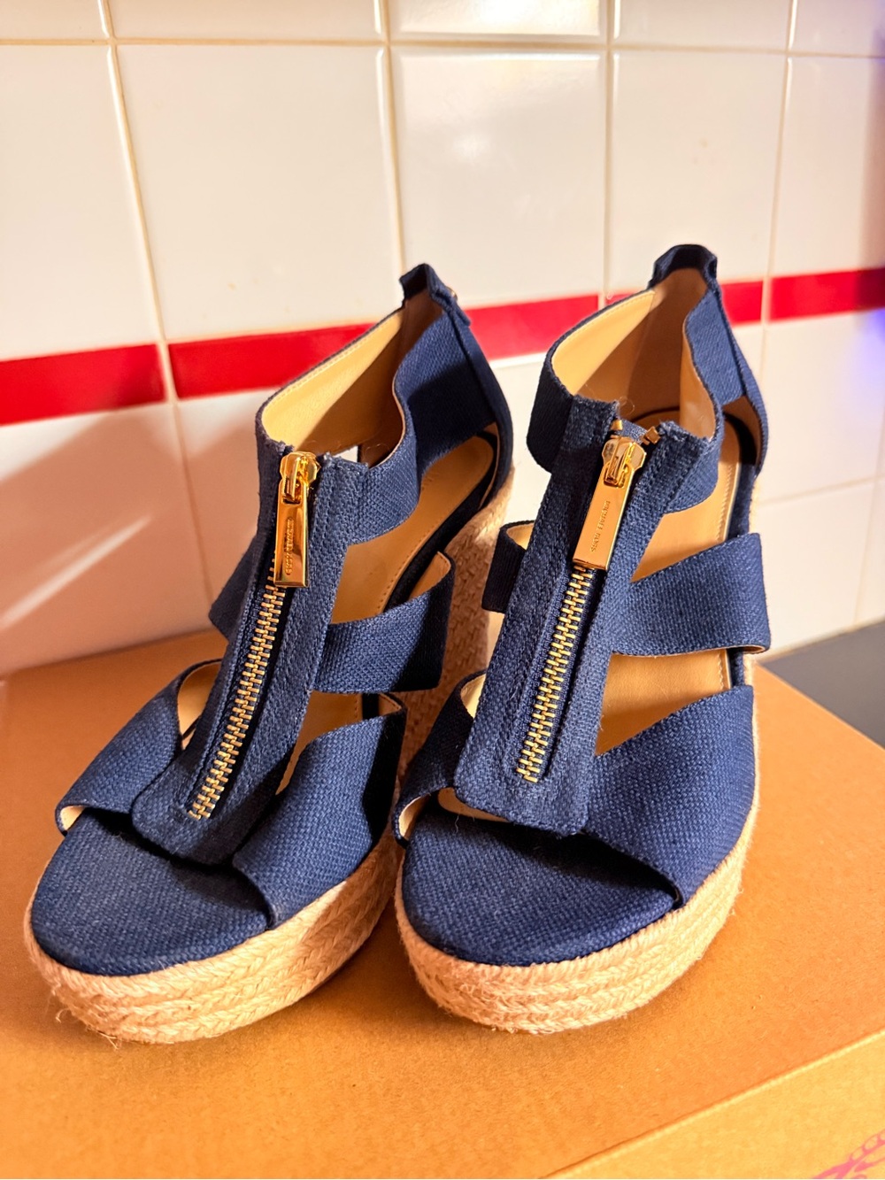 Michael Kors Navy Canvas Espadrille Wedge Sandals with Gold Zip